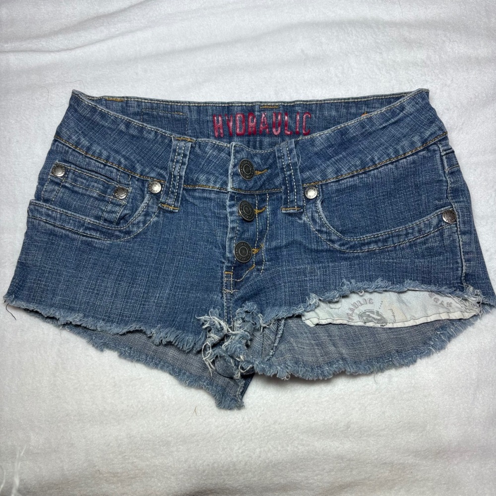 Hydraulic Super Low Metro Denim Shorts Medium Wash Button Fly Distressed Y2K